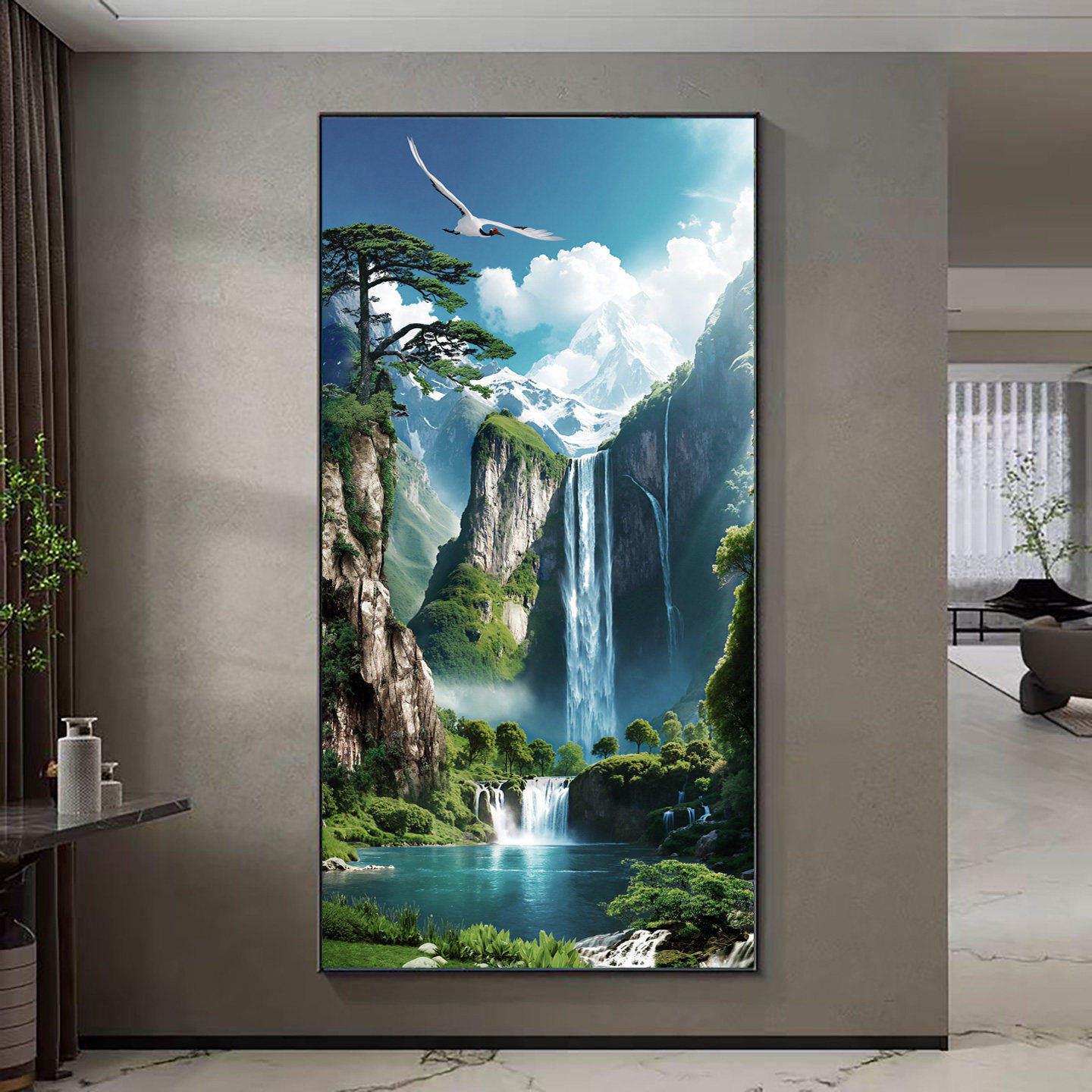 现代简约风景装饰画玄关瀑布山水有框挂画可定制流水生财竖版挂画