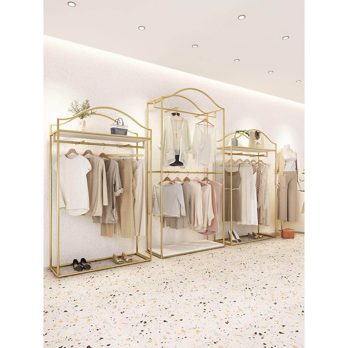 服装店展示架双层侧挂金色女装架高柜衣架落地式展示架