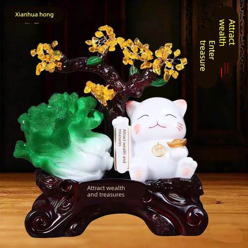 玉白菜招财猫摆件客厅办公室玄关家居装饰品新店前台开业乔迁礼物