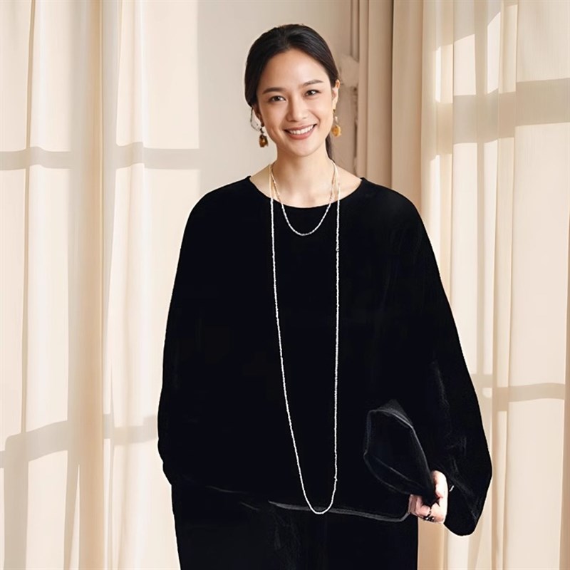 从容垂感显瘦衬衫  时s尚真丝丝绒休闲圆领落肩长袖上衣裤子套装