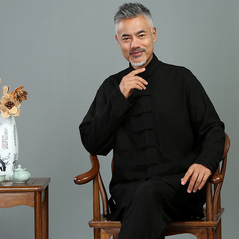 春秋亚棉麻中国风唐装男式套装复古D盘扣禅居士汉服老人Z爸爸中山