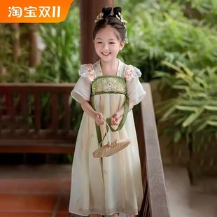 清梨汉服女童短袖 连衣裙儿童超仙女宝改良刺绣齐胸襦裙 中国风古装