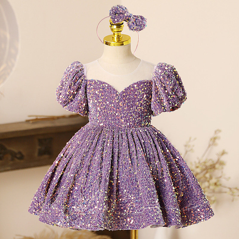 女童礼服亮片紫色轻奢小众高端童模走秀钢琴演出服公主裙超仙梦幻