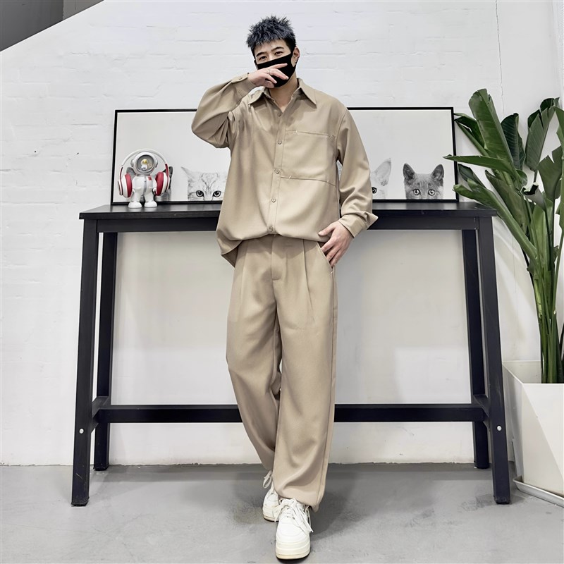 垂感长袖衬衫套装男2025春季新款韩版通勤简约宽松休闲衬衣直筒裤
