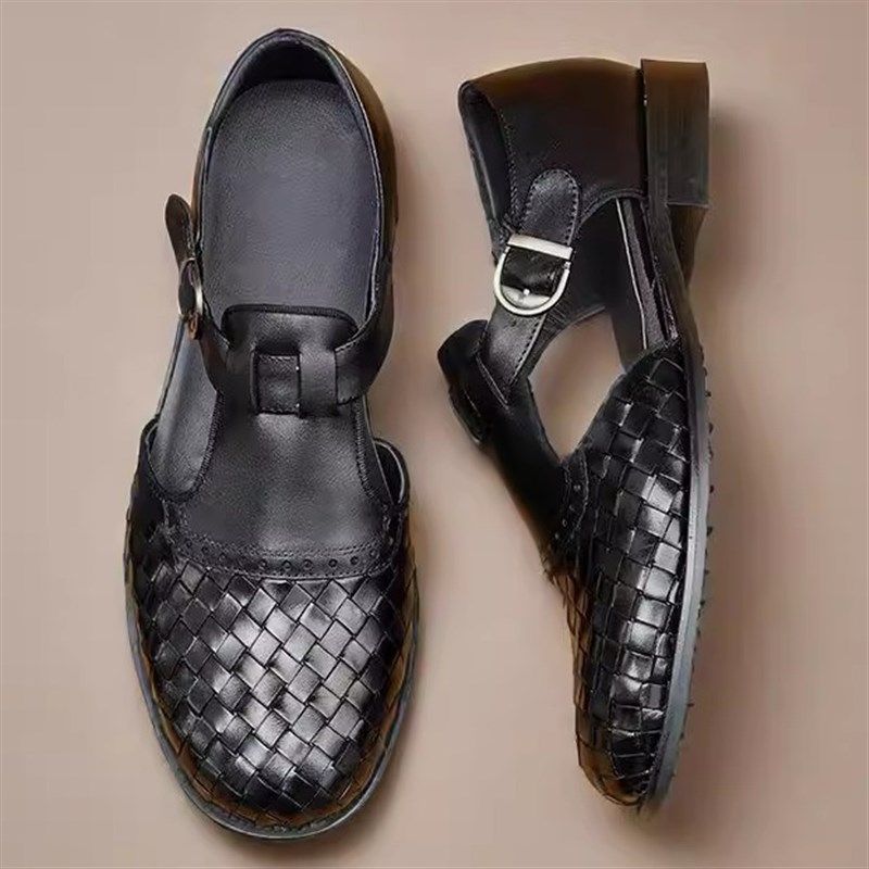 高端手工编织凉鞋英伦风男士半包头凉皮鞋男鞋外穿真皮手工鞋2025,流行男鞋,休闲凉鞋,淘宝优惠券,粉丝福利购,淘宝优惠卷