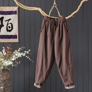 2024年冬宽松文艺夹棉加u厚哈伦裤 可翻边系带纯色女士棉 全棉长裤