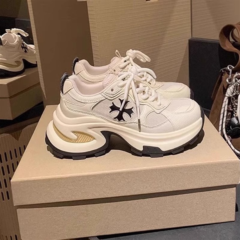 牛皮版~增高8cm十字花厚底老爹鞋女2F025春季新款休闲运动跑步鞋