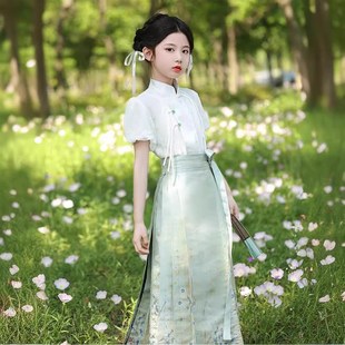 上衣小女孩半身裙汉服 搭配泡泡袖 马面裙女童绿色夏款 中国风新中式