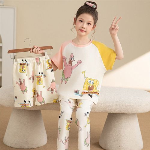 儿童睡衣女童夏季薄款纯棉短袖长裤大童女孩可爱卡通家居服三件套