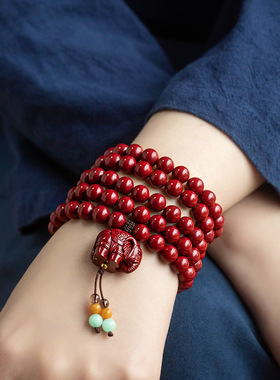 天然朱砂多圈手錬紫女金砂原矿石108颗佛珠手串男本命年手镯饰品
