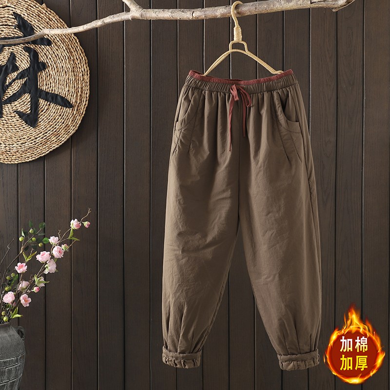 冬季全棉加厚休闲裤女拼色松紧C腰夹棉棉裤保暖哈伦裤长裤女