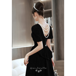 黑色晚礼服女生日宴会年会气质轻奢小众高端学生艺U考演出裙高级
