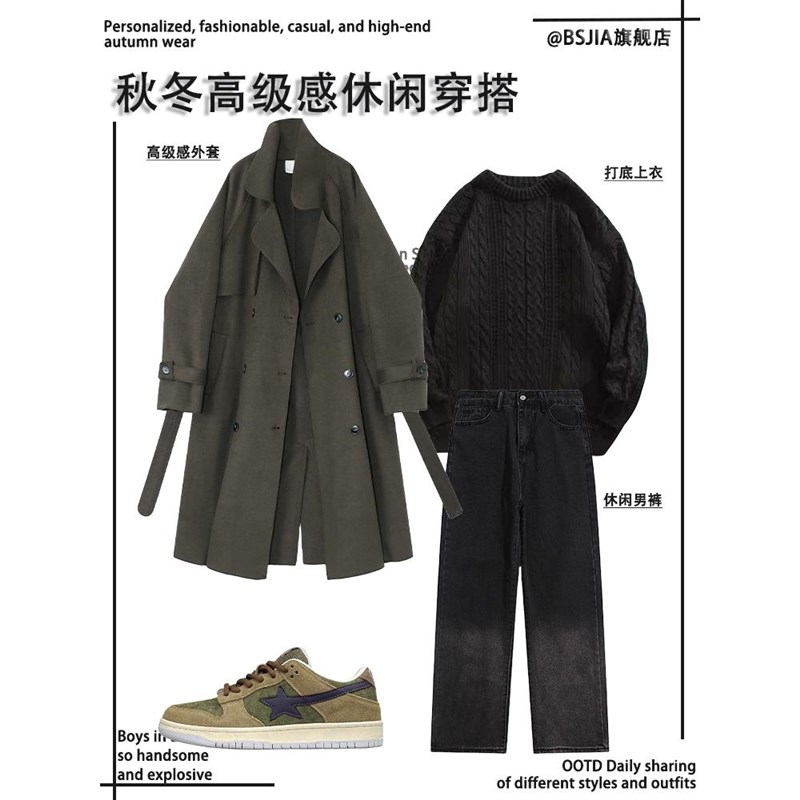 冬季男士毛呢大衣j套装轻熟风中长款风衣外套搭配牛仔裤高级感男