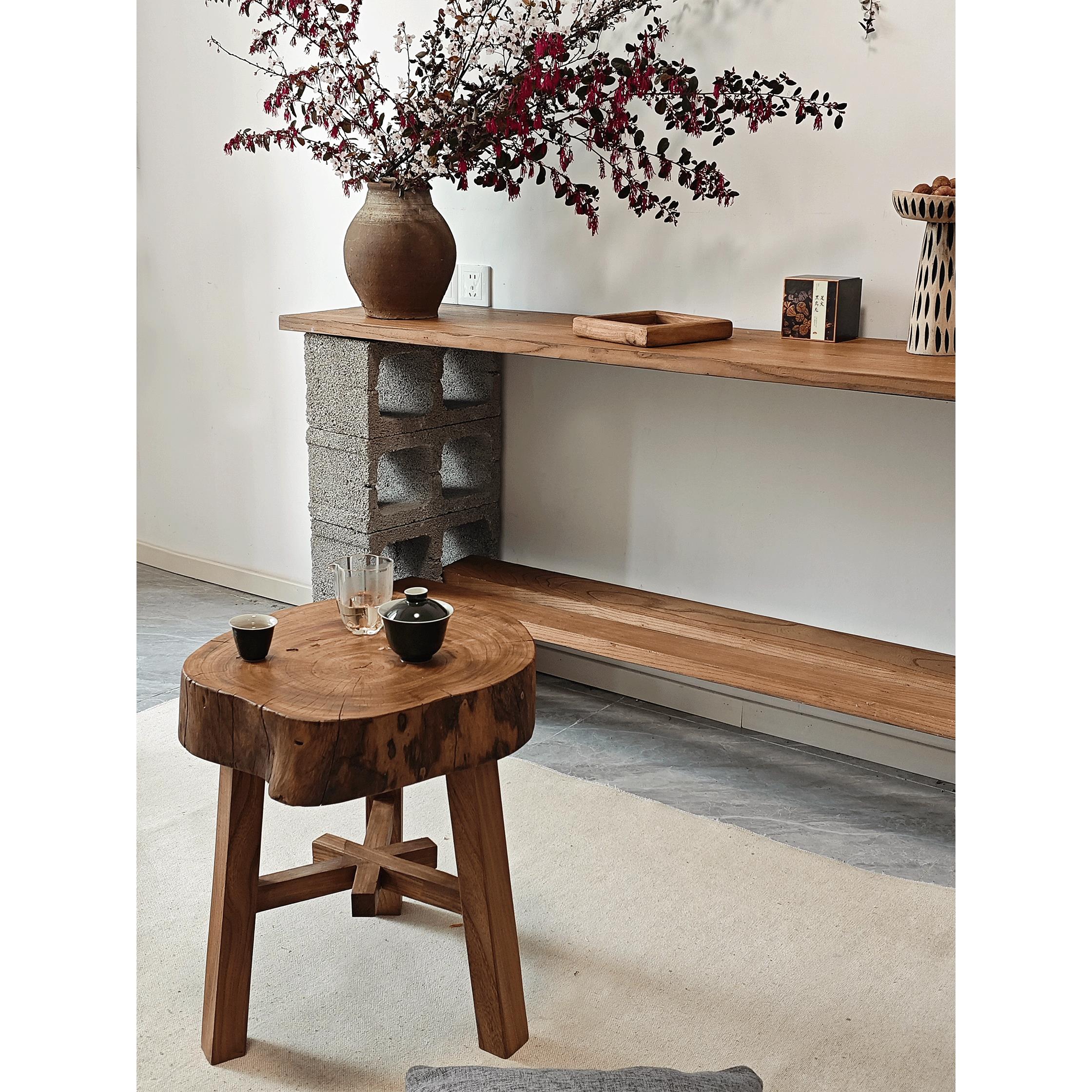 Wabi-Sabi风格老榆树沙发小边桌客厅家庭民宿高端艺术不对称实木