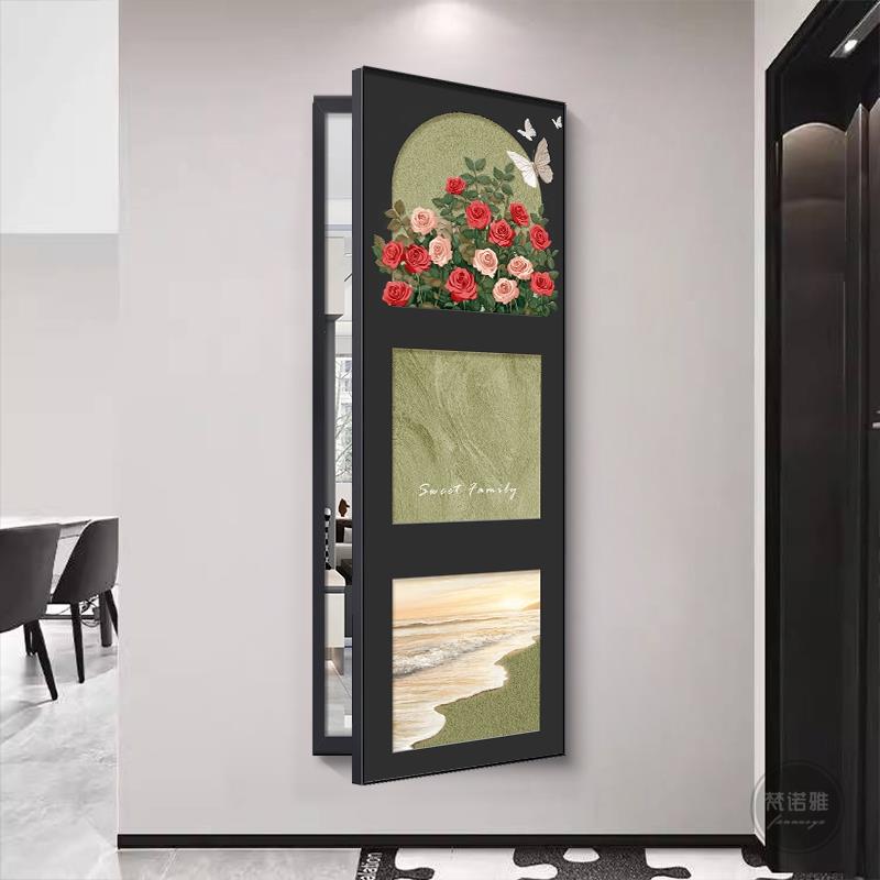 法式玫瑰隐藏式推拉全身镜可遮挡玄关暗藏式隐形翻开门穿衣镜挂画