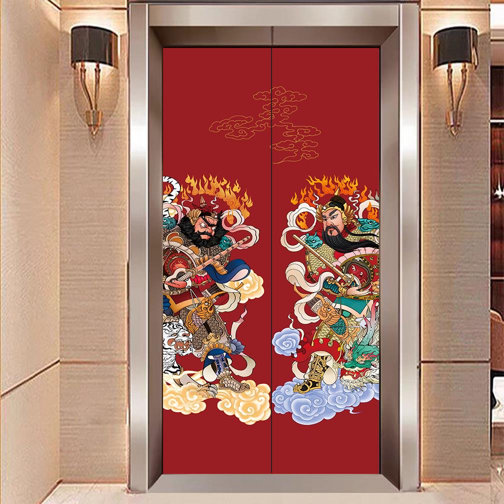传统门神电梯贴纸一梯一户入户门口家用电梯门装饰高级感卡通贴画