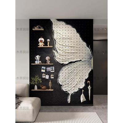 黑白蝴蝶实木定制洞洞板置物架简约风入户玄关个性装饰收纳造型墙