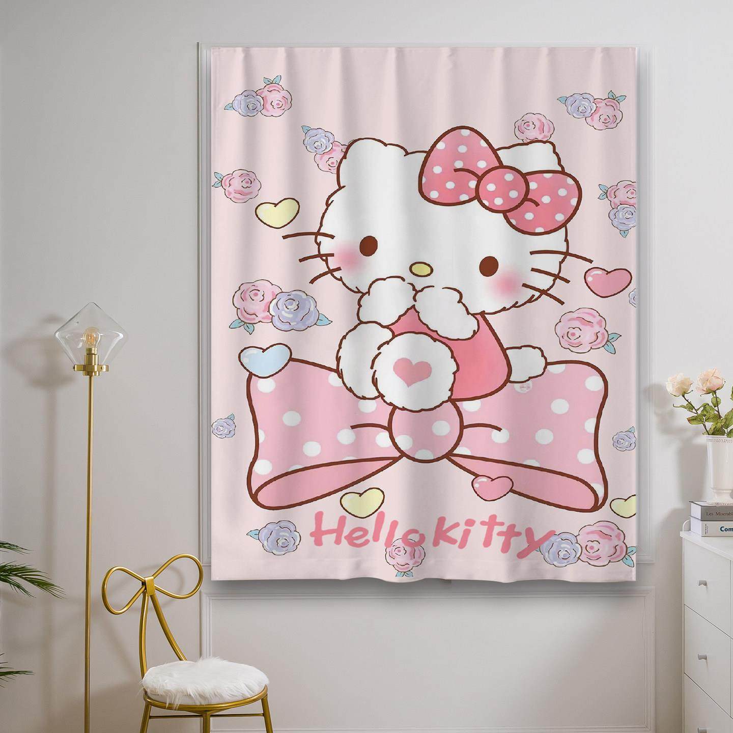 卧室窗帘免打孔儿童房飘窗防晒全遮光魔术贴自粘式KT猫粉色隔热短,居家布艺,成品窗帘,淘宝优惠券,粉丝福利购,淘宝优惠卷