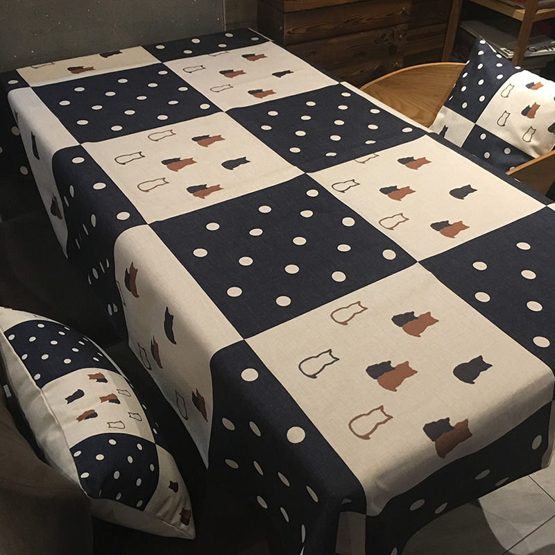 日式棉麻桌布 波l点猫咪棋盘格餐厅台布酒吧咖啡厅布艺茶几布盖布