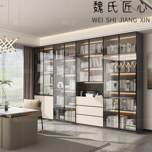 书柜家用带玻璃门客厅一体整墙现代轻奢定制储物柜实木书架展示柜