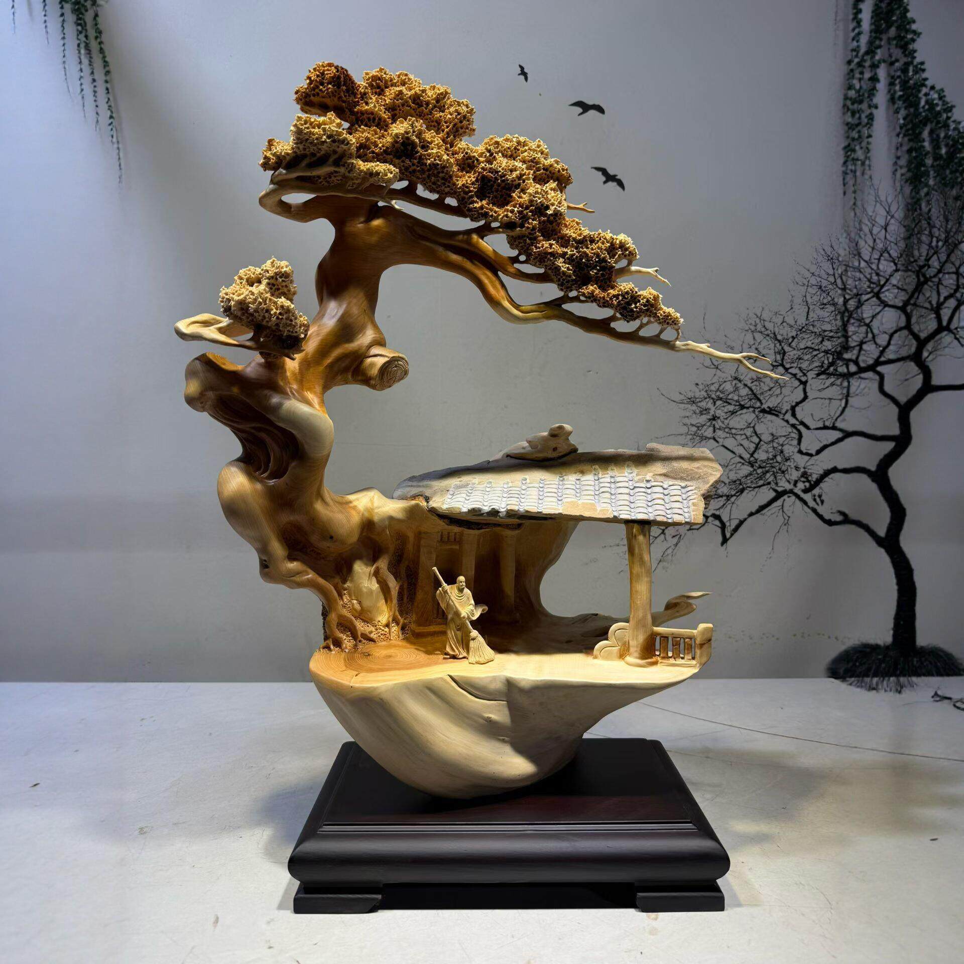 实木根雕木雕山水江山如画摆件大型纯手工雕刻根抱石大件玄关装饰