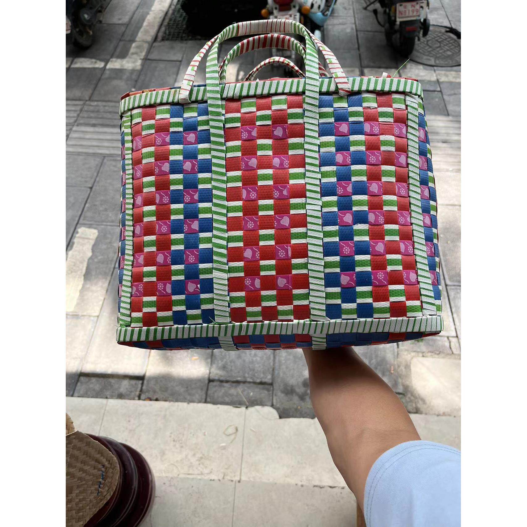 云南德宏芒市傣族菜篮子 纯手工纤维编织收纳篮手提篮 春游篮子