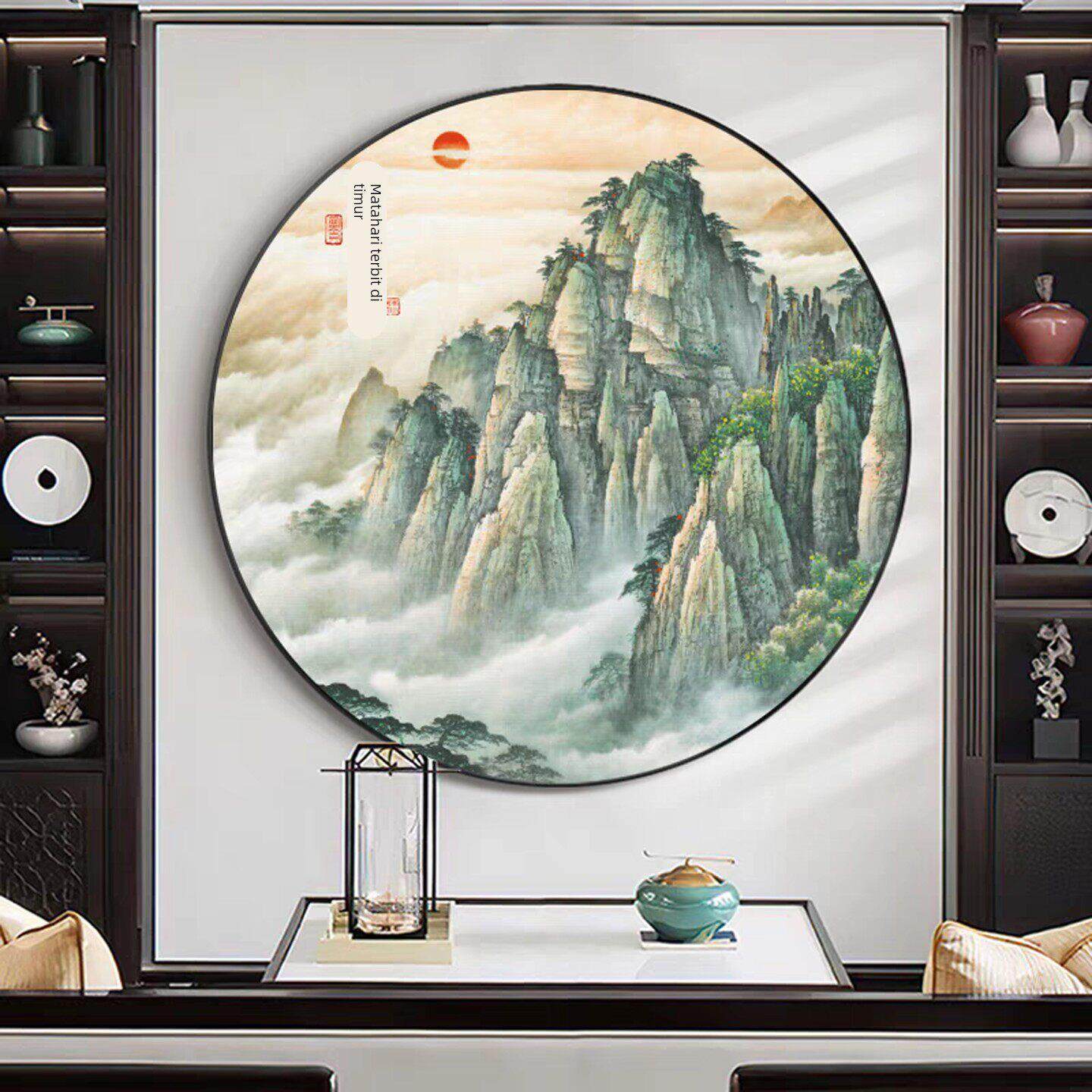泰山日出玄关圆形挂画旭日东升有山无水靠山图办公室墙面风水壁画
