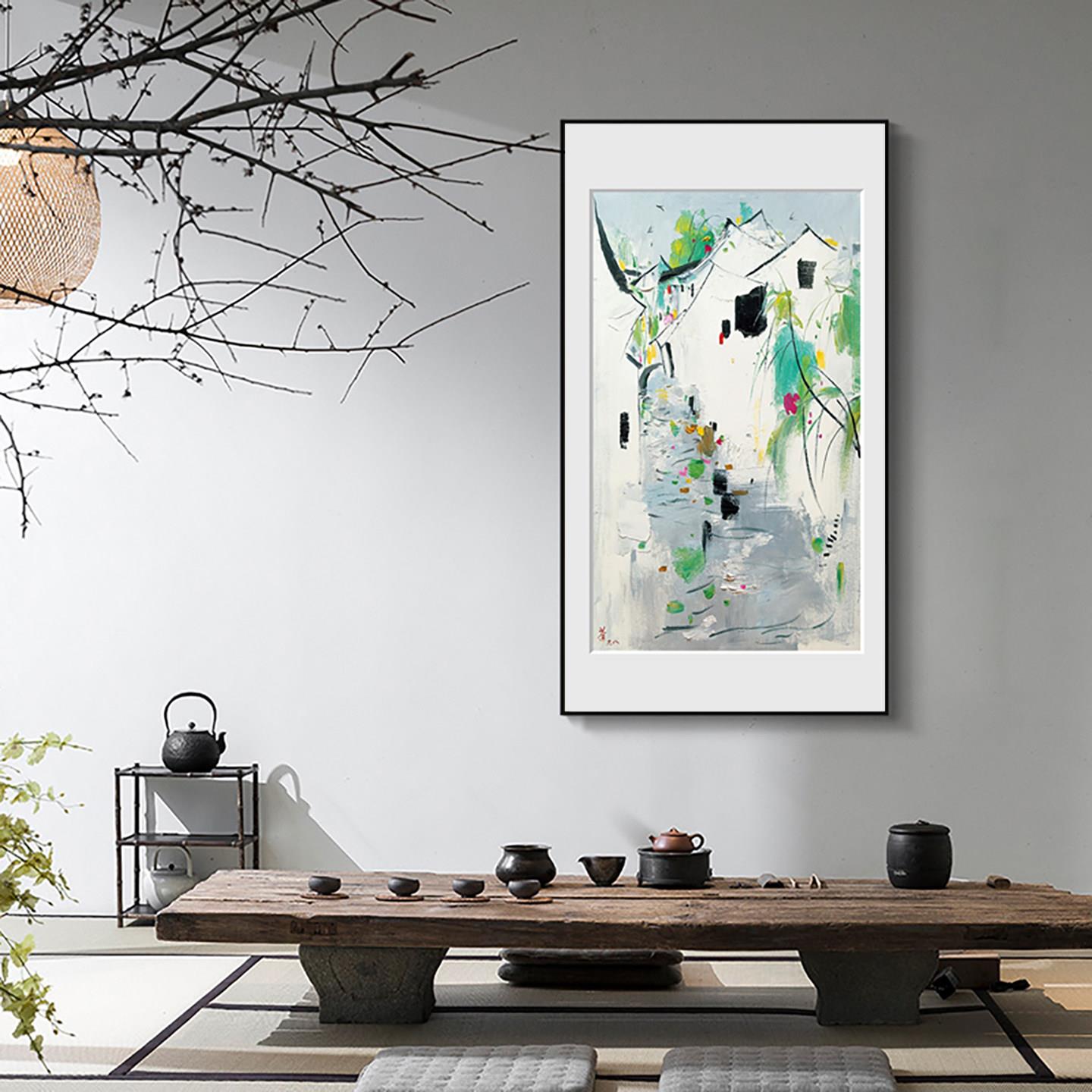 吴冠中新中式玄关装饰画竖版入户走廊过道挂画江南水乡山水墨壁画
