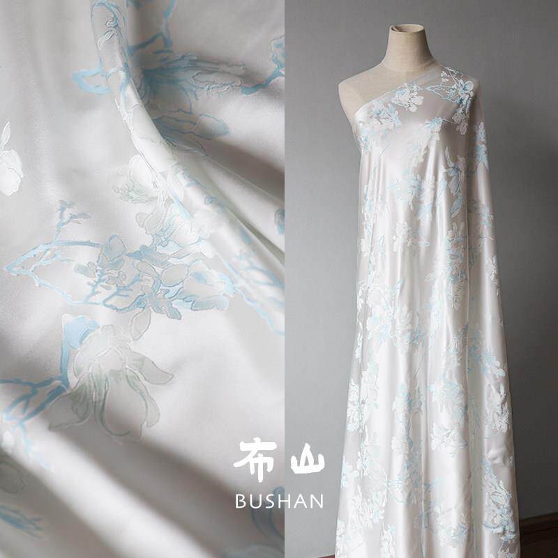 「兰蔓」对花印花真丝提花缎布料旗袍外套马甲新中式国风服装面料