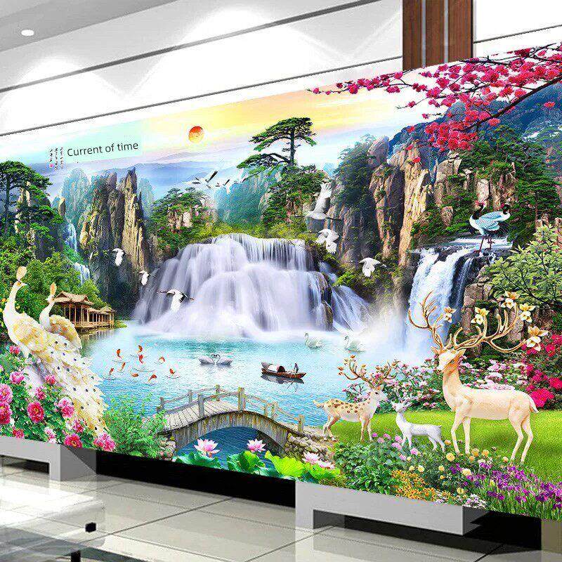 流水财富十字绣2025新客厅大型2024线绣大气家居手工山水画全绣