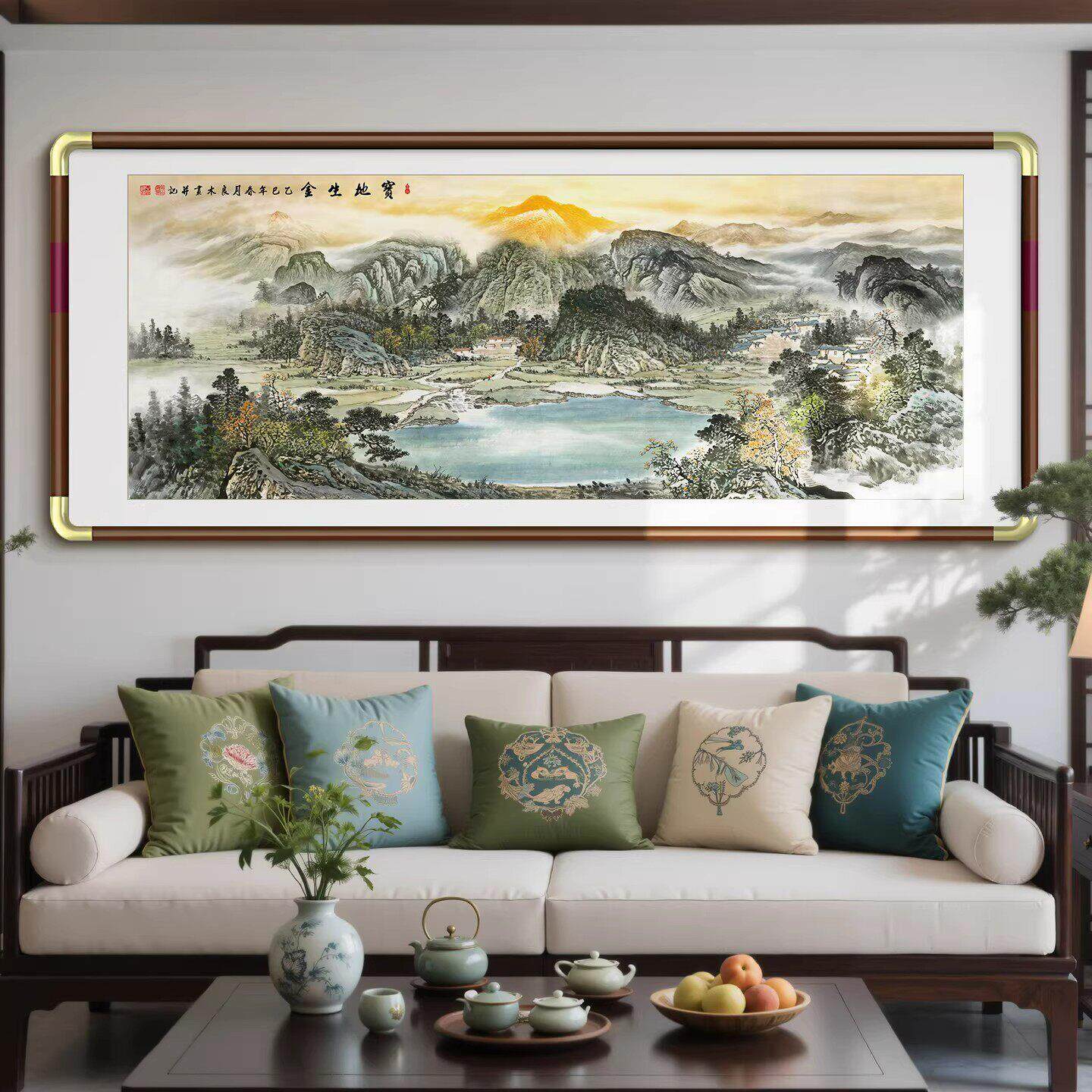 聚宝盆山水画客厅挂画新中式西墙沙发背景墙装饰壁画办公室靠山图