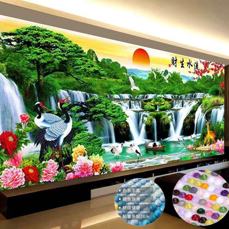 新款流水生财钻石画自粘画DIY贴钻画迎客松客厅山水画风景装饰画