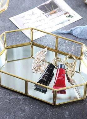 复古铜条金属玻璃首饰收纳盘ins北欧金色装饰摆件收纳化妆品托盘