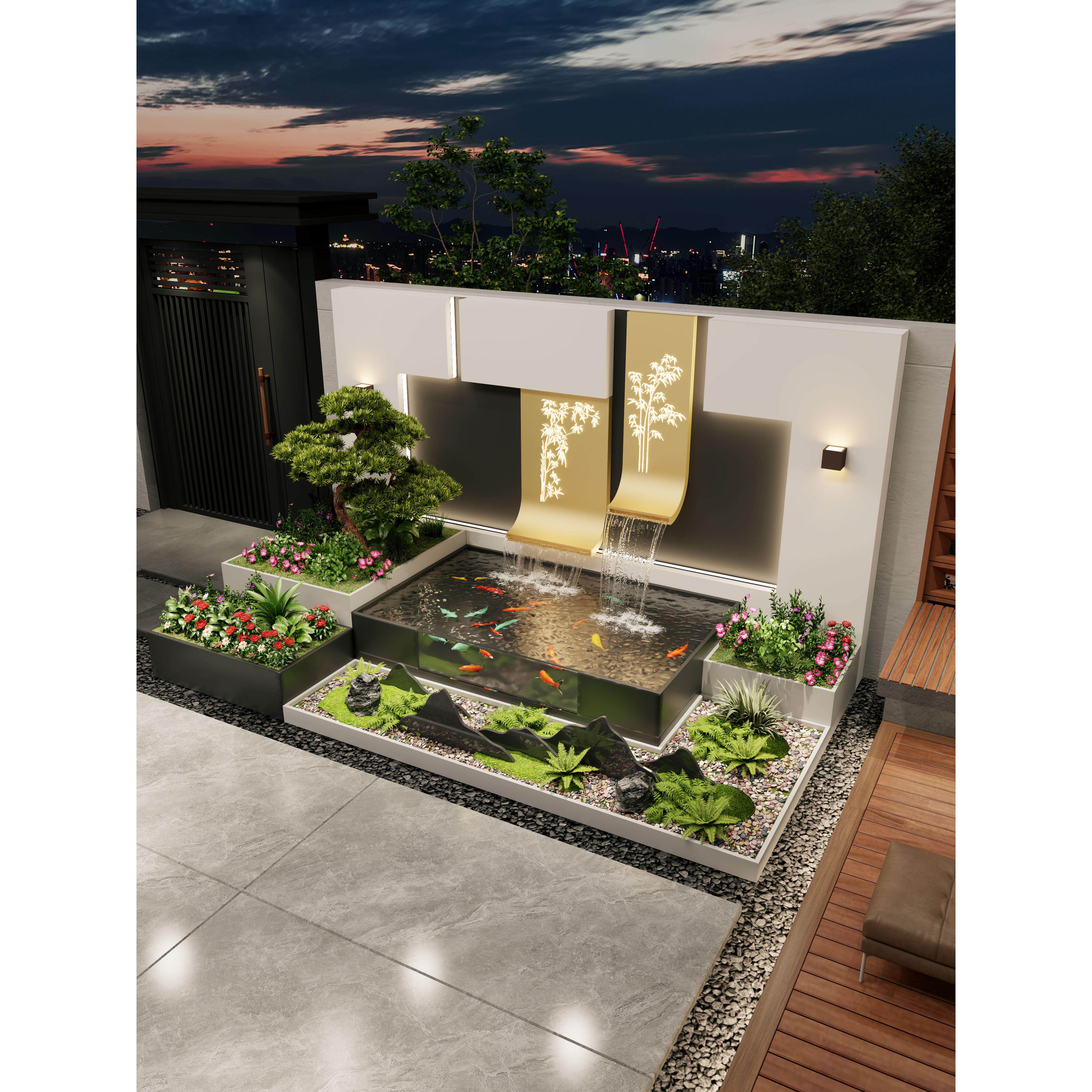 简约不锈钢水幕墙别墅花园喷泉庭院流水墙鱼池水循环摆件景观涌泉