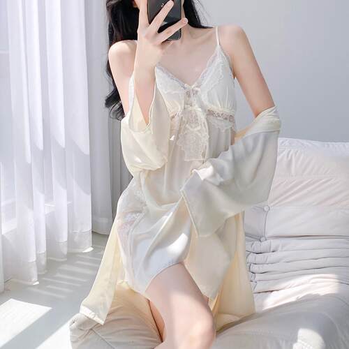 睡衣女款冰丝纯欲风2026夏季新款蕾丝带胸垫吊带睡裙睡袍