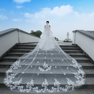 月下相恋新款新娘韩式婚纱头纱长款蕾丝花边精美拖尾头纱