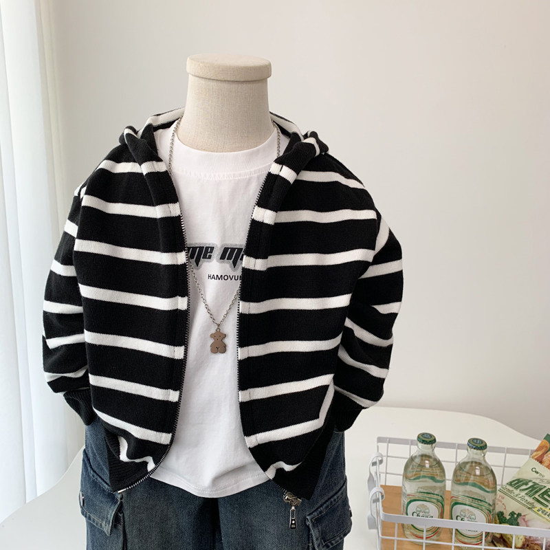 男童秋季毛衣开衫儿童时尚条纹休闲连帽衫中小童柔软针织薄款外套