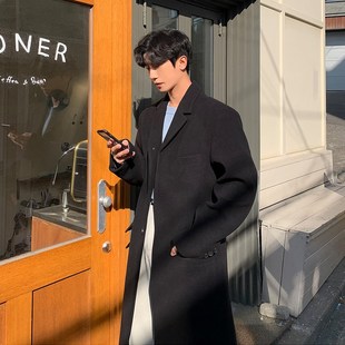 毛呢大衣男冬季加厚长款过膝呢子韩版宽松单排扣风衣外套秋冬男款