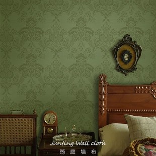美式复古墨绿花纹卧室墙纸法式客厅酒店背景墙酒红色墙布民宿壁布