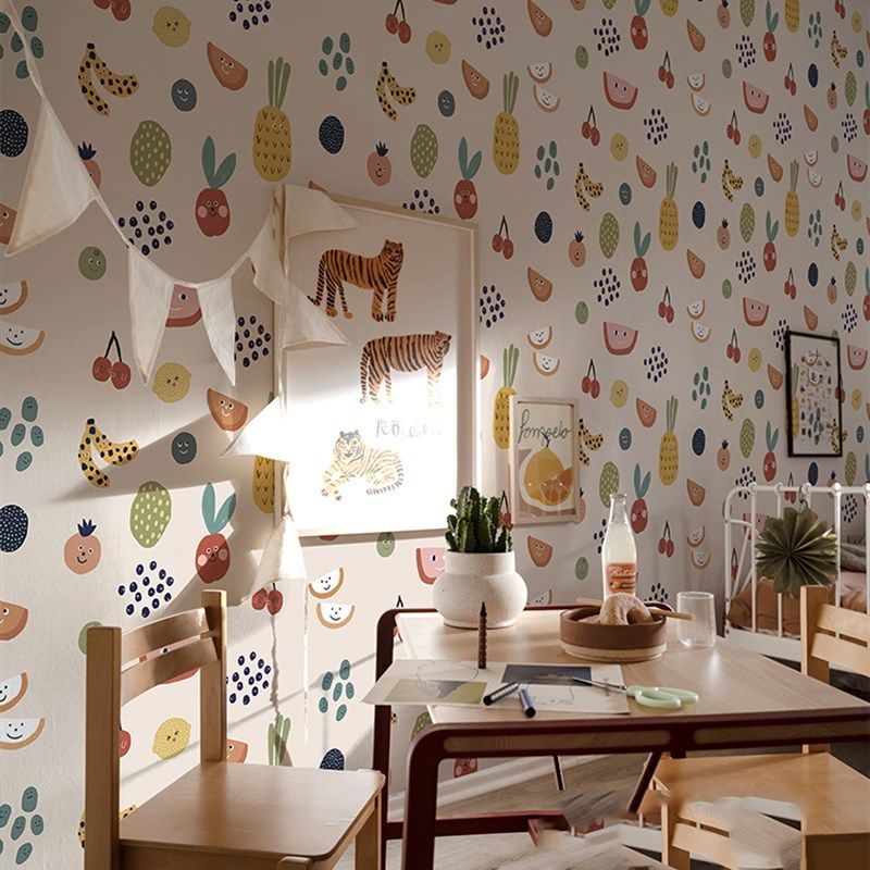 水果印花儿童房墙纸卧室背景墙壁纸北欧风餐厅墙布无纺布定制壁布,家装主材,定制壁画,淘宝优惠券,粉丝福利购,淘宝优惠卷