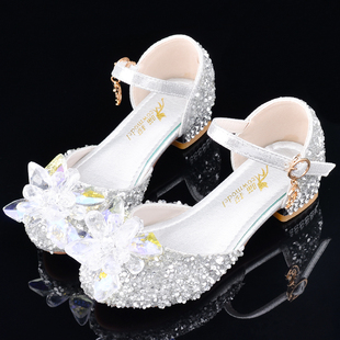 洋气儿童公主鞋2023新款女童水晶鞋高跟学生舞蹈演出鞋走秀水钻鞋