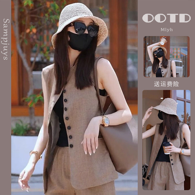 美式复古炸街休闲时尚气质显瘦咖色西装马甲阔腿短裤两件套装女夏