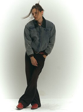 4TRA 水洗破坏铆钉翻领西部夹克 秋冬季做旧外套保暖加厚棉服