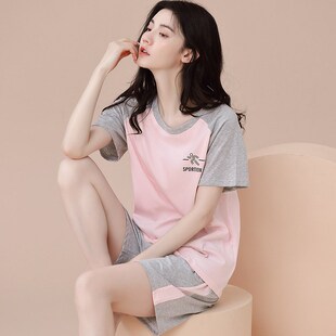 学生韩版 短裤 休闲可外穿简约套头家居服套 短袖 100%纯棉睡衣女夏季