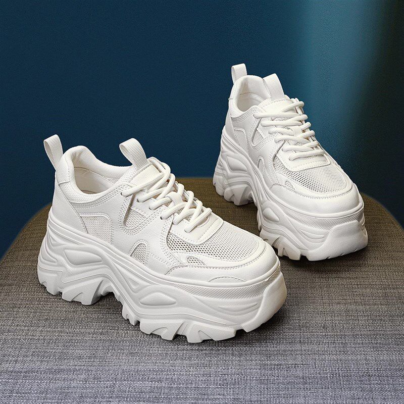 8cm真皮厚底老爹鞋女2024新款夏季透气网面休闲女款小个子增高鞋