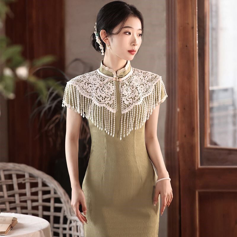 2024新款旗袍专用披肩夏季外搭小外套珍珠流苏云肩新中式国风蕾丝