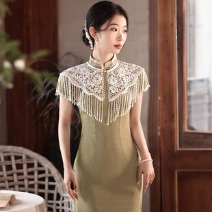 2024新款旗袍专用披肩夏季外搭小外套珍珠流苏云肩新中式国风蕾丝