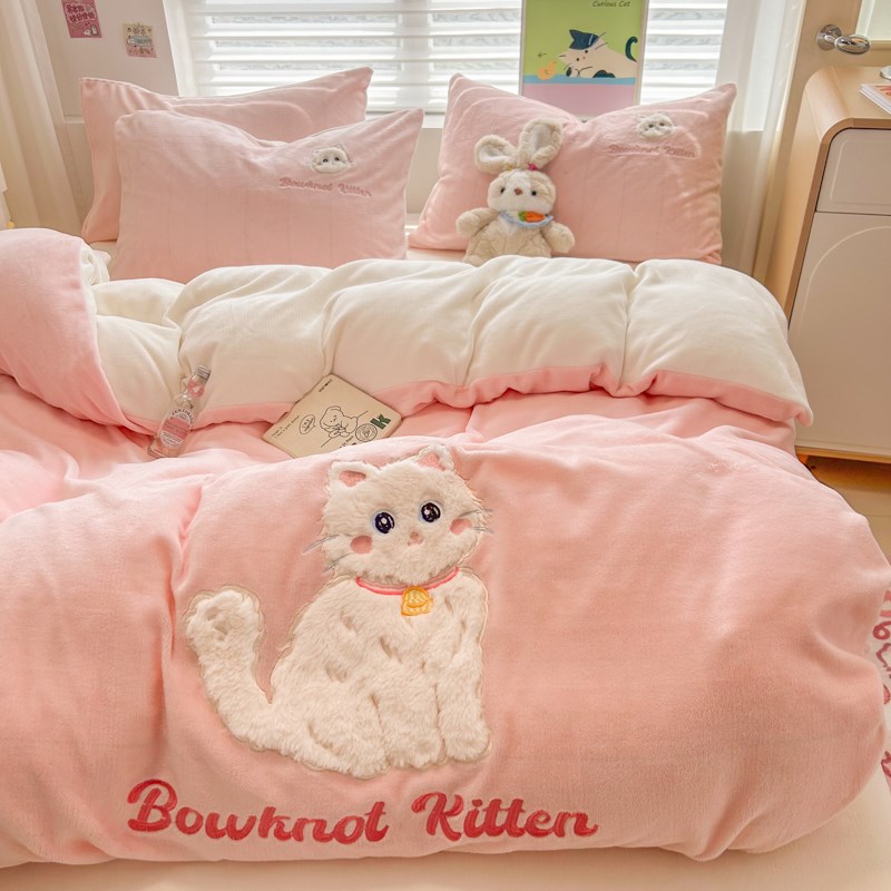 冬法兰绒四件套保暖双面牛奶绒床上猫咪加厚兔毛绒被罩可爱三件套