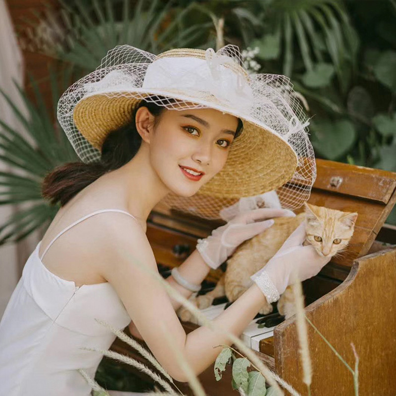 森系复古文艺新娘礼帽头饰超仙网纱帽子婚纱旅拍度假拍照写真道具
