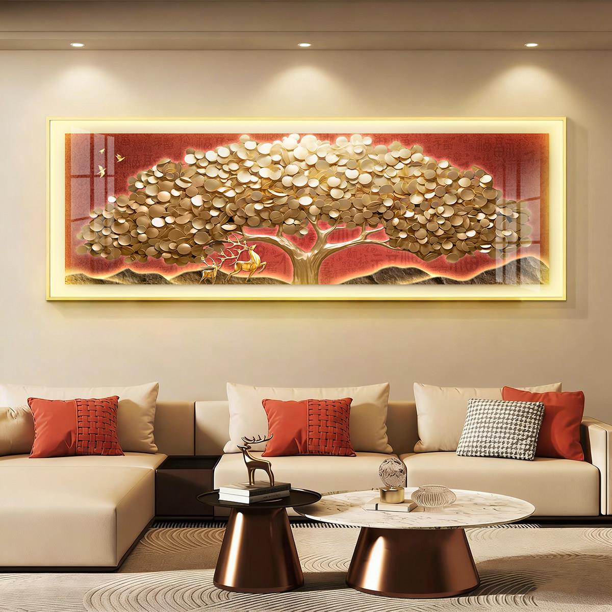 led带灯客厅装饰画招财发财树沙发背景墙挂画轻奢智能晶瓷壁画